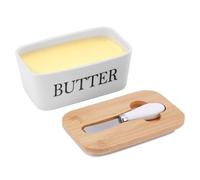 Weskjer Ceramic Butter Dish with Lid and Knife,600ml Capacity Butter Knife with Bamboo Lid,Butter Dishes for Butter , Cheese , Storage,15x10x8cm ,White
