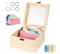 Weskjer Index Card Box, Wooden Storage Box with 300 Multi-Color Index Cards and 100 Multi-Color Label Stickers, Flash Card Storage Box with 6 Color Ring Buckles for Recipe Cards Jewelry, DIY
