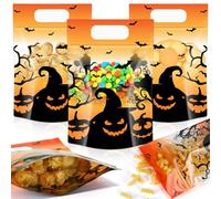 Wesnoy 100 Pcs Halloween Plastic Bags 6.7x9.8 Inch Clear Pumpkin Gift Bags with Handles Resealable Scary Pumpkin Sealed Pouches for Halloween Trick or Treat Candy Gift Wrap Supplies Decoration(Scary)