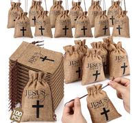 Wesnoy 100 Pcs Jesus Loves You Gift Bags with Drawstring Bulk 4 x 6 Inch Christian Burlap Jute Gift Bags Small Religious Goody Cross Jewelry Pouches for Valentines Church Baptize Party Favor