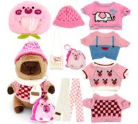 WESOPAN Set of 11 Pieces Plush Capybara, 25 cm Capybara with 10 Garments and Accessories for Children Role Play and Costume (11-Piece Pink Set)