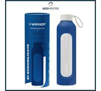Wessper Drinkmotivation Borosilicate Glass Bottle with Time Markings 1 Litre Airtight Drinking Bottle Glass Bamboo Lid 1 Litre Reusable Silicone Cover Blue WES260 Blue