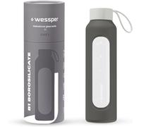 Wessper Glass Water Bottle 1L with Silicone Sleeve, Borosilicate Glass, Time Marker, BPA-Free, Reusable Sports Bottle for Gym, School, Office - Grey