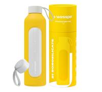 Wessper Glass Water Bottle 1L with Time Markings, BPA-Free Drinking Motivation Borosilicate Water Bottle, Airtight Glass Bottle with Bamboo Lid, Reusable with Silicone Case - Yellow