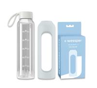 Wessper Glass Water Bottle 500ml with Silicone Sleeve, Borosilicate Glass, Time Marker, BPA-Free, Reusable Sports Bottle for Gym, School, Office - Light Blue