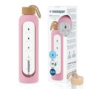 Wessper Glass Water Bottle with Time Marking, Leak-Proof Borosilicate Glass Drinking Bottle, BPA-Free, Motivational Glass Bottle with Silicone Case, 500 ml, Pink