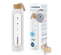 Wessper Glass Water Bottle with Time Marking, Leak-Proof Borosilicate Glass Drinking Bottle, BPA-Free, Motivational Glass Bottle with Silicone Case, 500 ml, White