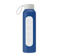 Wessper Motivational Water Bottle with Time Markings, Borosilicate Glass, Sports Water Bottle with Silicone Case, For Family Life, Camping, Yoga, Fitness, Outdoor 0.5 L - Navy Blue