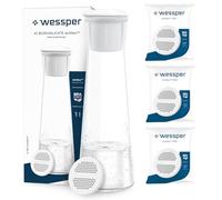 Wessper water filter Carafe jug 1L with Actitex filter cartridge | 4x water filter jug - dishwasher safe and borosilicate glass | removes pollutants+ keeps healthy minerals magnesium and calcium