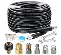 WEST BAY 70 FT Sewer Jetter Kit for Pressure Washer, 5800PSI Drain Cleaner Hose 1/4 Inch NPT, Corner, Rotating and Button Nose Sewer Jetting Nozzle Watertight Tape Pearl Corsage Pin with 2 Pcs Spanner