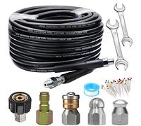 WEST Bay Sewer Jetter Kit 50 FT for Pressure Washer, 5800PSI Drain Cleaner Hose 1/4 Inch NPT, Corner, Rotating & Button Nose Sewer Jetting Nozzle with Spanner Watertight Tape Pearl Corsage Pin