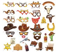West Cowboy Photo Booth Props - 33PCS Country and Western Party Decorations Hats Boot Glasses Paper Handheld Selfie Props Carnival West Style for Wild West Cowboy Themed Party Supplies