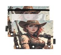 West Cowgirl Desert 2Pack Pencil Pouch Set for 3 Ring Binder Smooth Zipper with Clear PVC Window Pencil Case for School Supplies