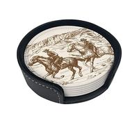 West Desert Cactus With Cowboys Riding Horses Coasters For Drinks, 6 Pcs Leather Coaster With Holder, Round Cup Mat Pad Set For Home And Kitchen 3.9 Inches