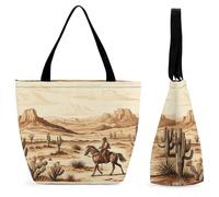 West Desert Cactus with Cowboys Riding Horses Large Oxford Cloth Tote Bag for Women, Durable Zippered Shoulder Handbag with Inner Pocket, Multi-purpose Shopping Bag for Work Travel Daily Errands Reusa