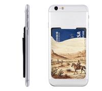 West Desert Cactus with Cowboys Riding Horses Leather Cell Phone Wallet, Stick On Phone Card Holder for Back of Phone Case - Adhesive Phone Pocket Credit Card ID Case Pouch Sleeve for Women Men