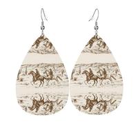 West Desert Cactus With Cowboys Riding Horses Printed Teardrop Pendant Leather Earrings | Lightweight and Versatile Earrings | Suitable for Daily Commute and Date Wear