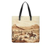 West Desert Cactus with Cowboys Riding Horses Tote Bag Square PU Leather Shoulder Handbag Purse Multipurpose Reusable Shopping Carryall Durable Work Commute Travel Daily Casual Resistant Ladies Fashio