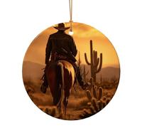 West Desert Cactus with Cowboys Riding Horses1 Print Round Flat Hanging Ornaments for Christmas Winter New Year Party Hanging Decorations