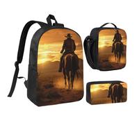 West Desert Cactus with Cowboys Riding Horses2 print Backpack 3pcs Set Including 17 Inch Large BookBag With Lunch Bag And Practical Pen Bag, Black, One Size