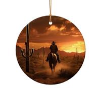 West Desert Cactus with Cowboys Riding Horses3 Print Round Flat Hanging Ornaments for Christmas Winter New Year Party Hanging Decorations