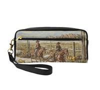 West Desert Cowboys Riding Horses Printed Leather Makeup Bags with Wrist Strap Portable Travel Toiletry Bag Cosmetic Organizer Bag for Women