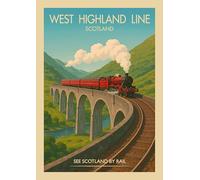 West Highland Line Scotland Vintage Travel Art Print, Railway Poster, Steam Train on Viaduct, Retro Tourism Wall Decor. Size A4