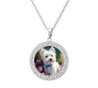 West Highland Terrier in The Garden Round Pendant Necklace Diamond Edging Brilliant Personalized Jewelry Gifts for Women Silver-style