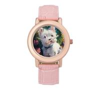 West Highland Terrier in The Garden Womens Leather Strap Elegant Lady Wrist Watches Casual Band Three-Hand Watch