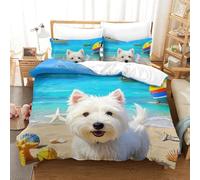 West Highland White Terrier 3D Printed Duvet Cover West Highland White Terrier on The Beach 3 Piece Duvet Cover with Pillowcases Set with Zipper Closure for Kids Girls Boys Adults Bedroom Double（200x