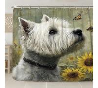 West Highland White Terrier Dog Shower Curtain, Soft White Dog Floral Bathroom Decor, Spring Summer Animal Lover Modern Art Style, Waterproof Fabric for Home Use 108x72 Inch