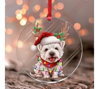 West Highland White Terrier with Antlers Xmas Ornament Puppy Dogs Pet Christmas Tree Ornament Keepsake Holiday Decoration Rustic Clear Round Acrylic Ornament Pendant for Neighbor Friends
