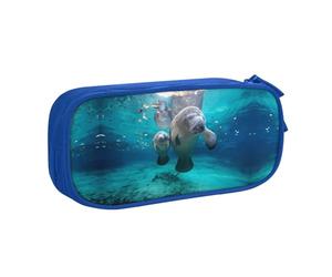 West Indian Manatees Large Capacity Double Layer Pencil Case,Customizable Full Print Polyester Fabric Organizer-School, Office, Travel Makeup Pouch