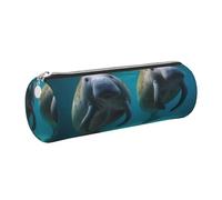 West Indian Manatees Printed Leather Pencil Case Cute Stationery Organizer Round Makeup Bag Pen Pouch, Silver Zipper