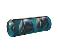 West Indian Manatees Printed Leather Pencil Case Cute Stationery Organizer Round Makeup Bag Pen Pouch, Gold Zipper