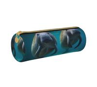 West Indian Manatees Printed Leather Pencil Case Round Pen Pencil Pouch Office Large Pencil Bag Stationery Box for Men Women Teens Students