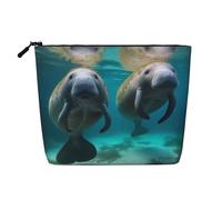 West Indian Manatees Printed Make up Bag Linen Toiletry Bag Personalized Travel Makeup Cosmetic Bag for Women Mom