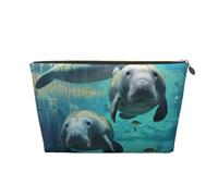 West Indian Manatees Printed Toiletry Bag for Women Girl Portable Travel Cosmetic Bag Leather Makeup Pouch Organizer with Gold Zipper