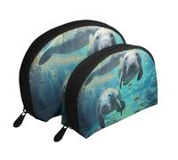 West Indian Manatees Printing Shell Makeup Bag Set 2-Piece Cosmetic Bags Portable Travel Makeup Storage Bag for Women Girls