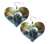 West Indian Manatees Prints Leather Heart earrings Pendant Stylish and light Lightweight Dangle for Women Girls, One Size, Leather, No Gemstone