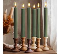 West Ivory 12 Pack, 10" LED Flameless Loden Green Fluted Ribbed Grooved Taper Candles, Remote & 24h Timer Memory, On/Off Button, Dimmable, Flicker Mode, Battery Operated, Christmas Menorah Wedding