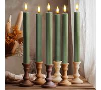 West Ivory 6 Pack, 10" LED Flameless Loden Green Fluted Ribbed Grooved Taper Candles, Remote & 24h Timer Memory, On/Off Button, Dimmable, Flicker Mode, Battery Operated, Christmas Menorah Wedding