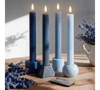 West Ivory Blue Dawn Coordinated Overcast Blues 4 Pack Set, 10" LED Flameless Fluted Ribbed Grooved Taper Candles, Remote & Timer Memory, On/Off Button, Dimmable, Battery Operated, Menorah Wedding
