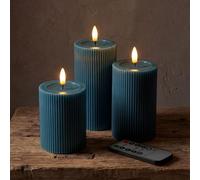 West Ivory Fluted Ribbed LED Pillar Candles, Blue, with Reflective Melted-Wax Effect - Flickering Flame, Remote, Dimmable, Flameless, Battery Operated, Home & Wedding Decor (Set of 3)