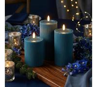 West Ivory Fluted Ribbed LED Pillar Candles, Blue, with Reflective Melted-Wax Effect - Flickering Flame, Remote, Dimmable, Flameless, Battery Operated, Home & Wedding Decor (Set of 3)