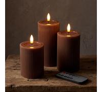 West Ivory Fluted Ribbed LED Pillar Candles, Brown, with Reflective Melted-Wax Effect - Flickering Flame, Remote, Dimmable, Flameless, Battery Operated, Home & Wedding Decor (Set of 3)