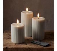 West Ivory Fluted Ribbed LED Pillar Candles, Cream Beige, with Reflective Melted-Wax Effect - Flickering Flame, Remote, Dimmable, Flameless, Battery Operated, Home & Wedding Decor (Set of 3)