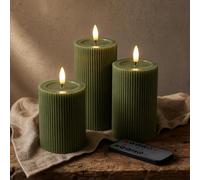 West Ivory Fluted Ribbed LED Pillar Candles, Loden Green, with Reflective Melted-Wax Effect - Flickering Flame, Remote, Dimmable, Flameless, Battery Operated, Home & Wedding Decor (Set of 3)