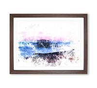 West Pier Brighton Beach Watercolour Modern Framed Wall Art Print, Ready to Hang Picture for Living Room Bedroom Home Office Décor, Walnut A2 (64 x 46 cm)