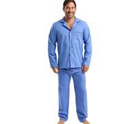 West Ridge Men’s Bardsey Classic Woven Piped Pyjama Set - Comfy Easy-care Button Down Top & PJ Pants With Fly, Light Blue, M